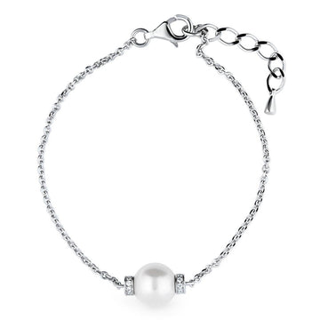 Solitaire White Round Cultured Pearl Chain Bracelet in Sterling Silver