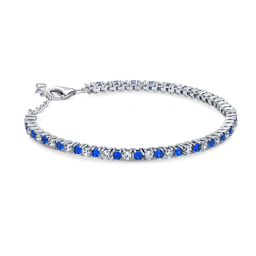Front view of Simulated Blue Sapphire CZ Statement Tennis Bracelet in Sterling Silver, 3 of 6