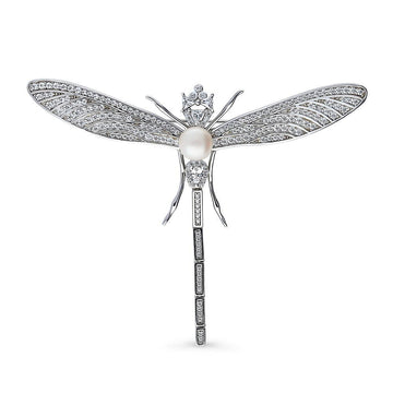 Dragonfly White Button Freshwater Cultured Pearl Pin in Sterling Silver