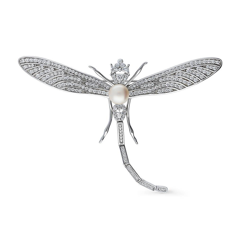 Front view of Dragonfly White Button Freshwater Cultured Pearl Pin in Sterling Silver, 3 of 12