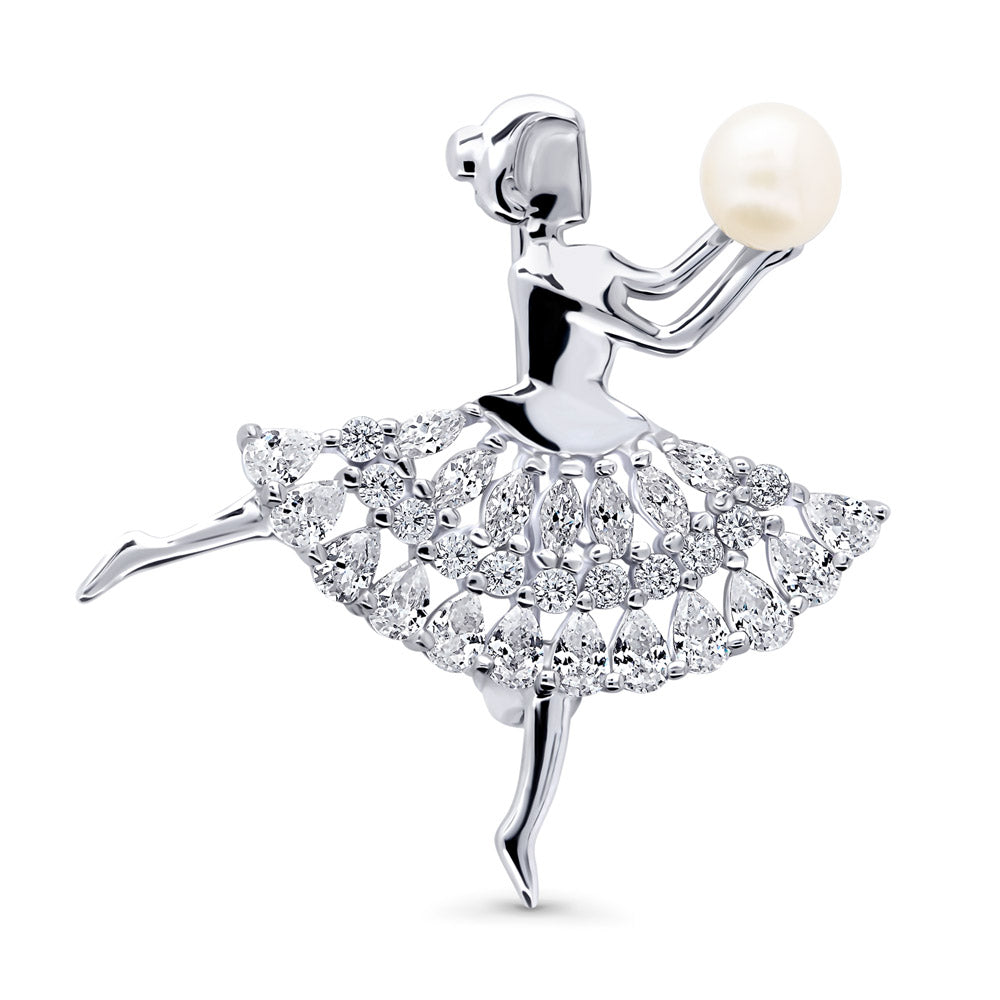 Dancing Ballerina Button Cultured Pearl Pin in Sterling Silver