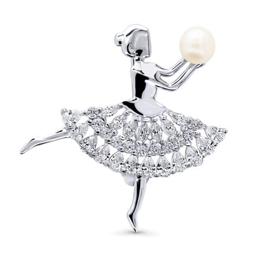 Dancing Girl White Button Cultured Pearl Pin in Sterling Silver
