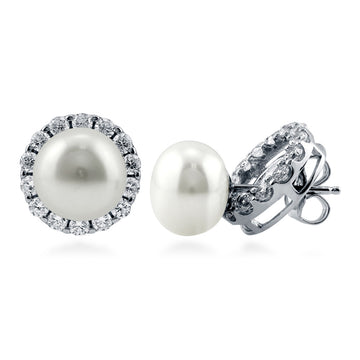 Halo White Button Cultured Pearl Stud Earrings in Sterling Silver