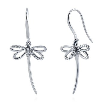 Dragonfly CZ Fish Hook Dangle Earrings in Sterling Silver