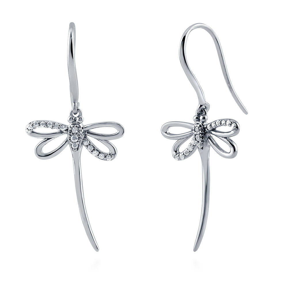 Dragonfly CZ Fish Hook Dangle Earrings in Sterling Silver, 1 of 3