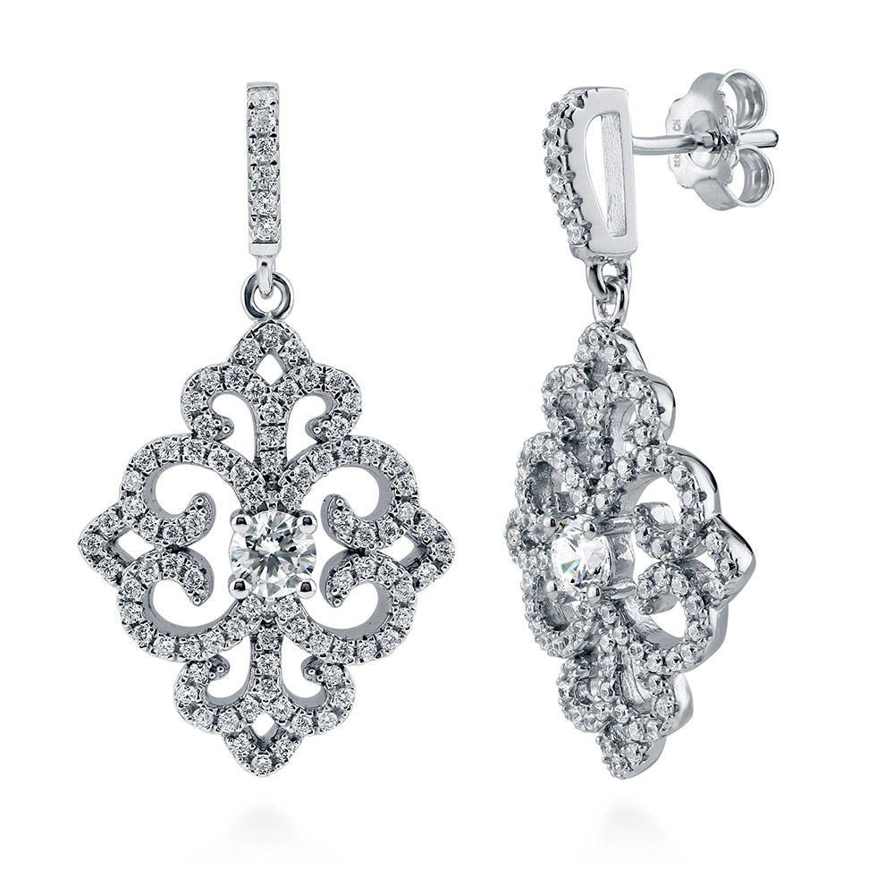 Art Deco Filigree CZ Dangle Earrings in Sterling Silver, 1 of 6