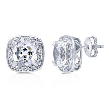 Halo Cushion CZ Stud Earrings in Sterling Silver