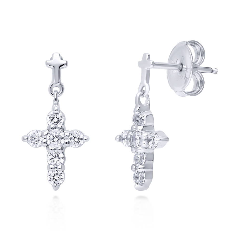 Cross CZ Dangle Earrings in Sterling Silver