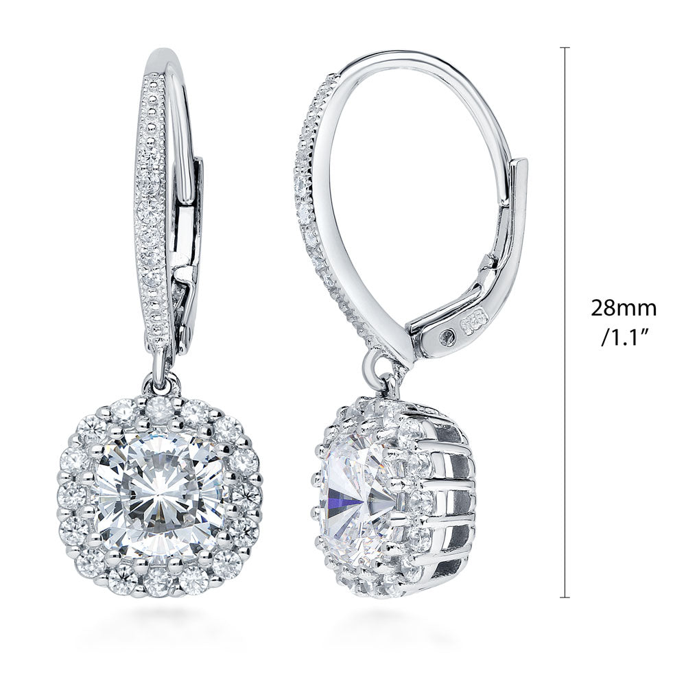 Front view of Halo Cushion CZ Leverback Dangle Earrings in Sterling Silver, 3 of 5