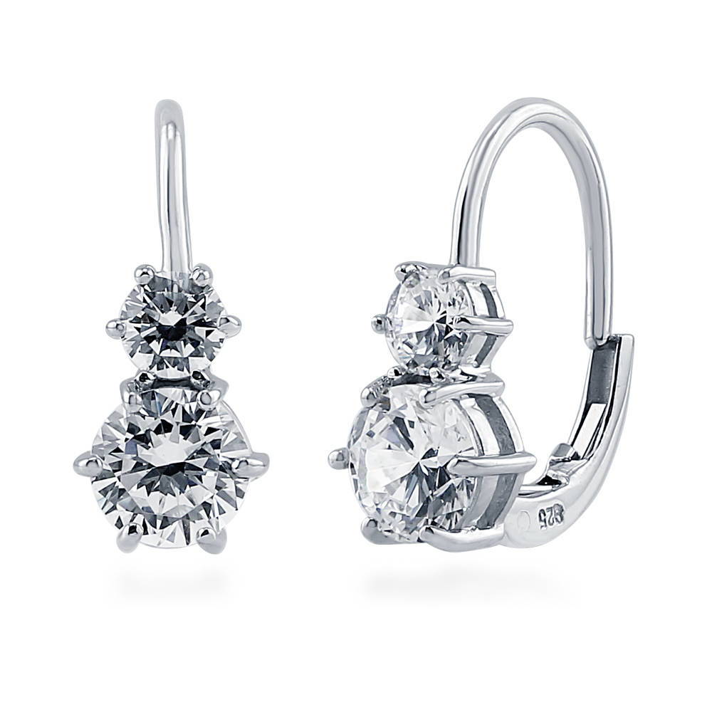 CZ Leverback Earrings in Sterling Silver, Rhodium Plated