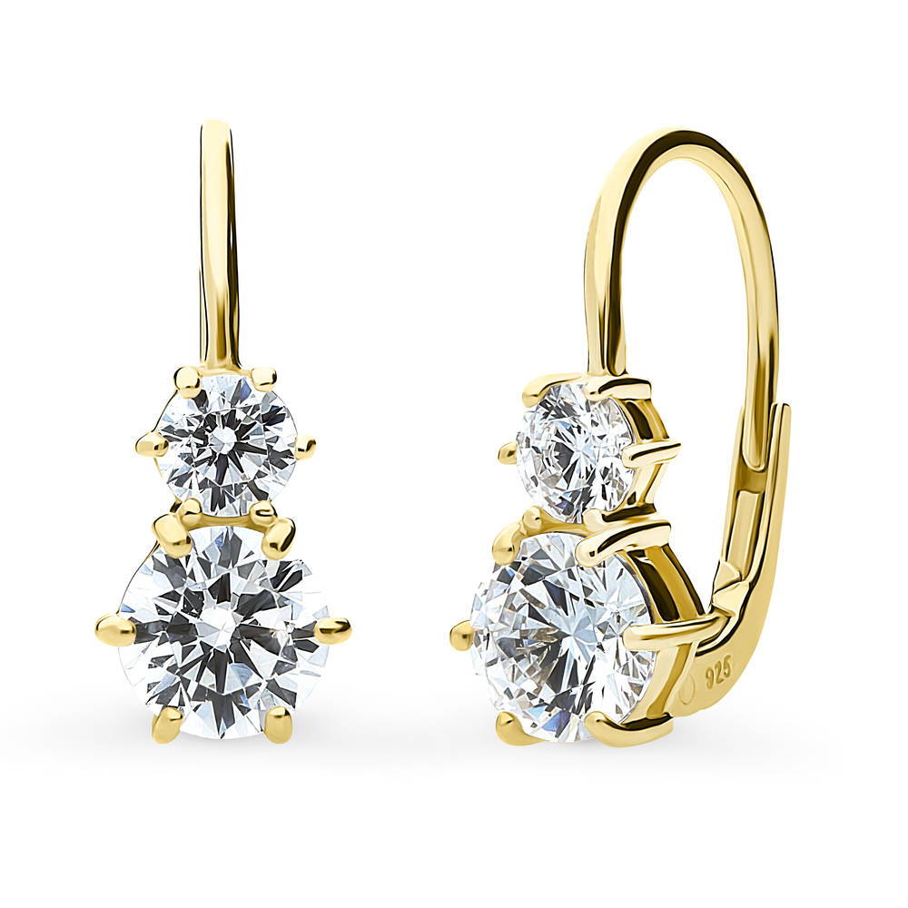 CZ Leverback Earrings in Sterling Silver, Yellow Gold Flashed