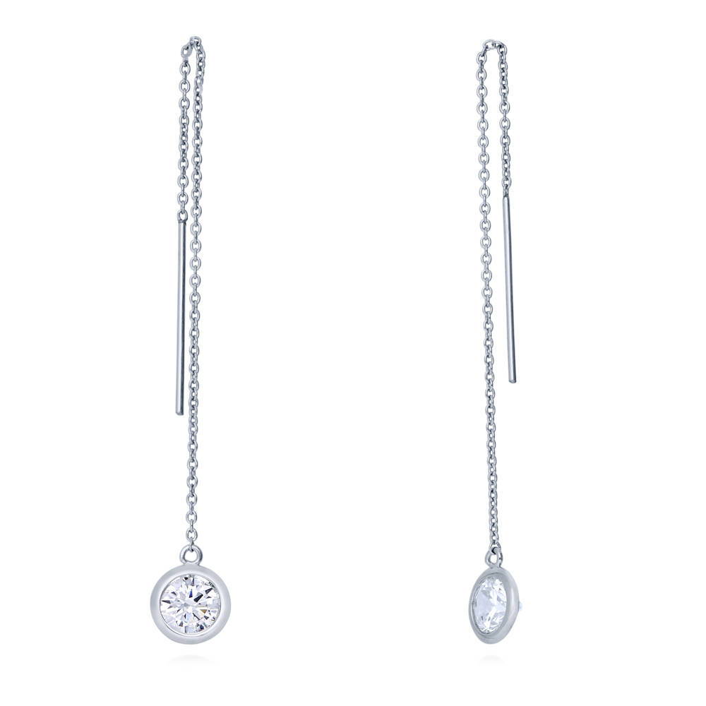 CZ Threader Earrings in Sterling Silver, Rhodium Plated