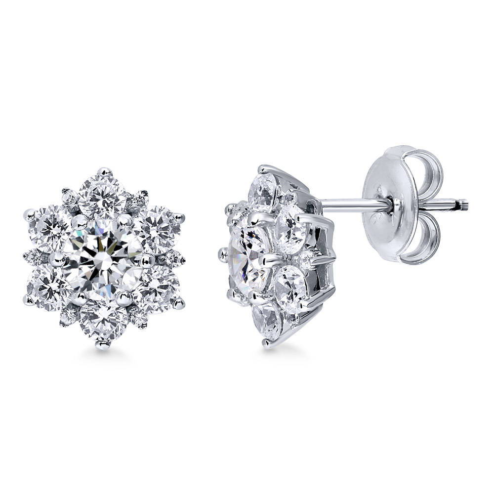 Flower Halo CZ Stud Earrings in Sterling Silver, 1 of 9