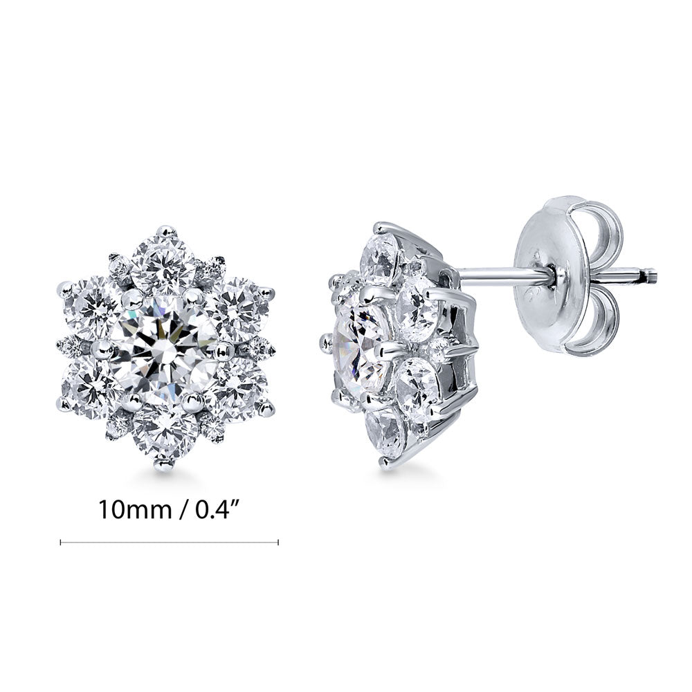 Front view of Flower Halo CZ Stud Earrings in Sterling Silver, 3 of 9