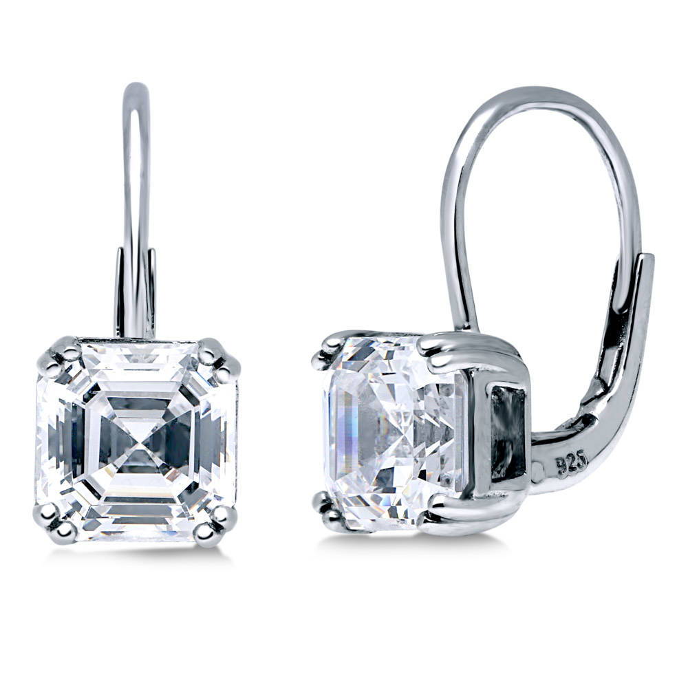 Solitaire 4ct Asscher CZ Leverback Dangle Earrings in Sterling Silver, 1 of 4