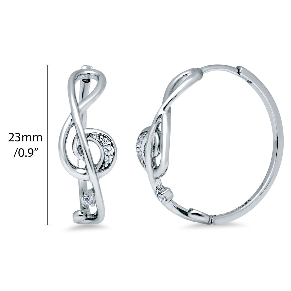 Treble Clef Music Note CZ Medium Hoop Earrings in Sterling Silver 0.9"