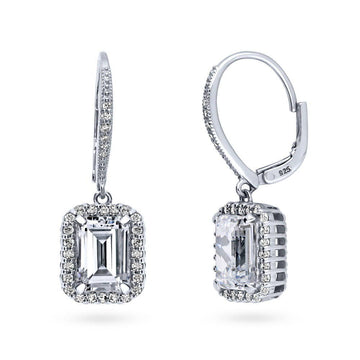 Halo Emerald Cut CZ Leverback Dangle Earrings in Sterling Silver