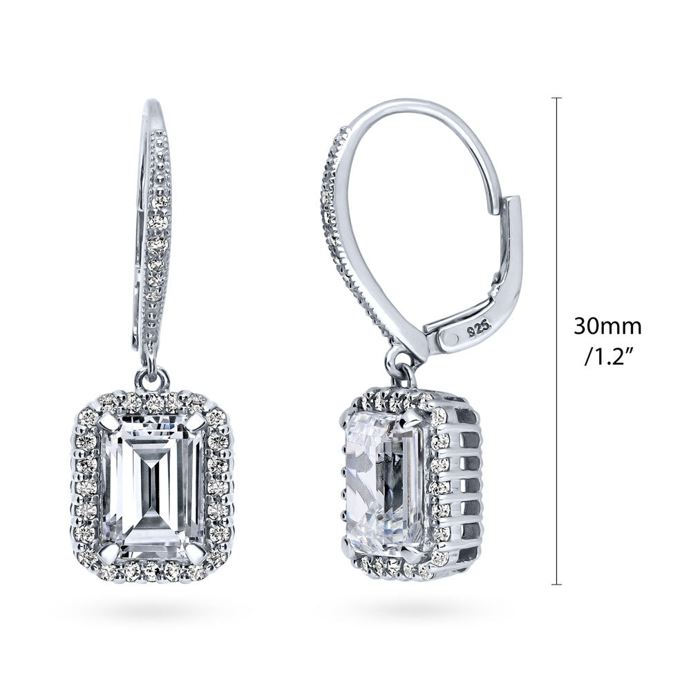 Halo Emerald Cut CZ Necklace and Earrings Set in Sterling Silver, front view