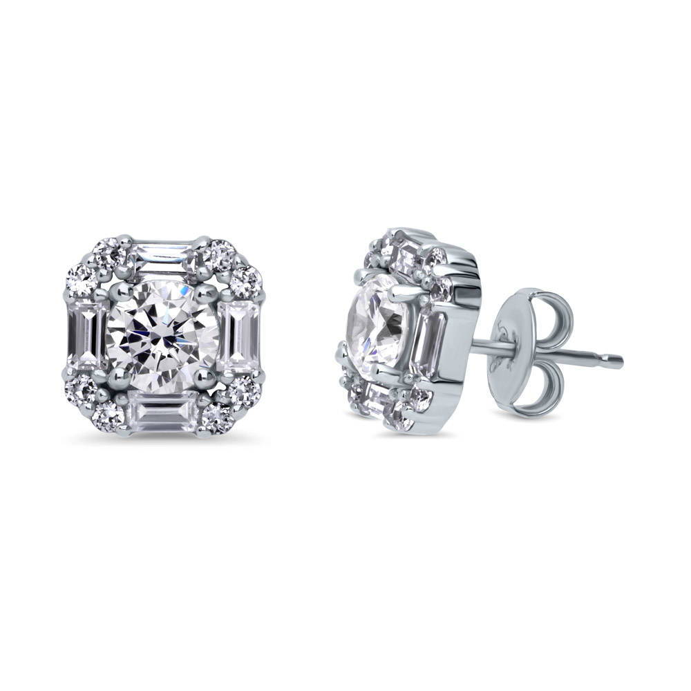 Halo Art Deco Round CZ Stud Earrings in Sterling Silver, 1 of 6