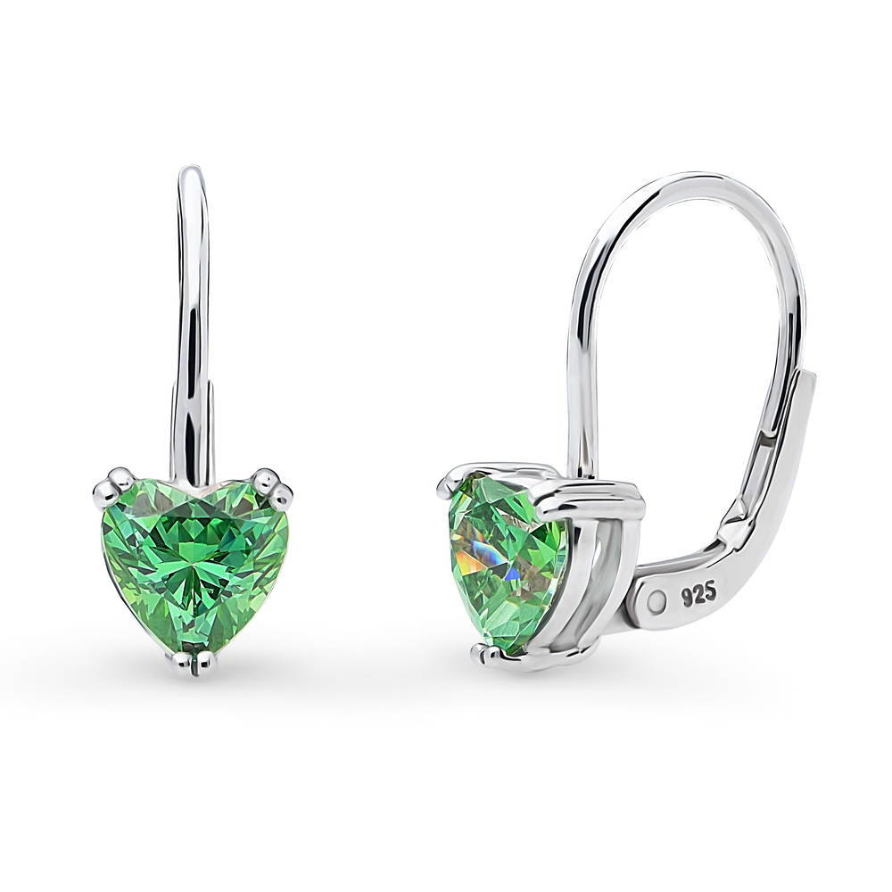 Solitaire Green Heart CZ Leverback Earrings in Sterling Silver 1.4ct, 1 of 4
