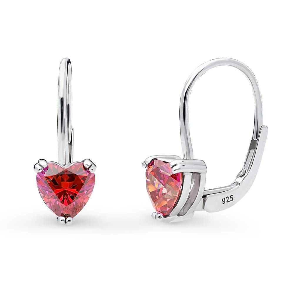 Solitaire Red Heart CZ Leverback Earrings in Sterling Silver 1.4ct, 1 of 4