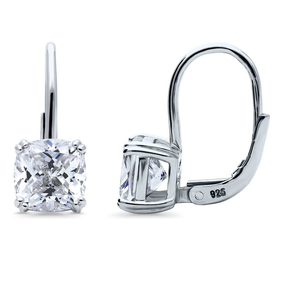 Solitaire 4ct Cushion CZ Leverback Dangle Earrings in Sterling Silver