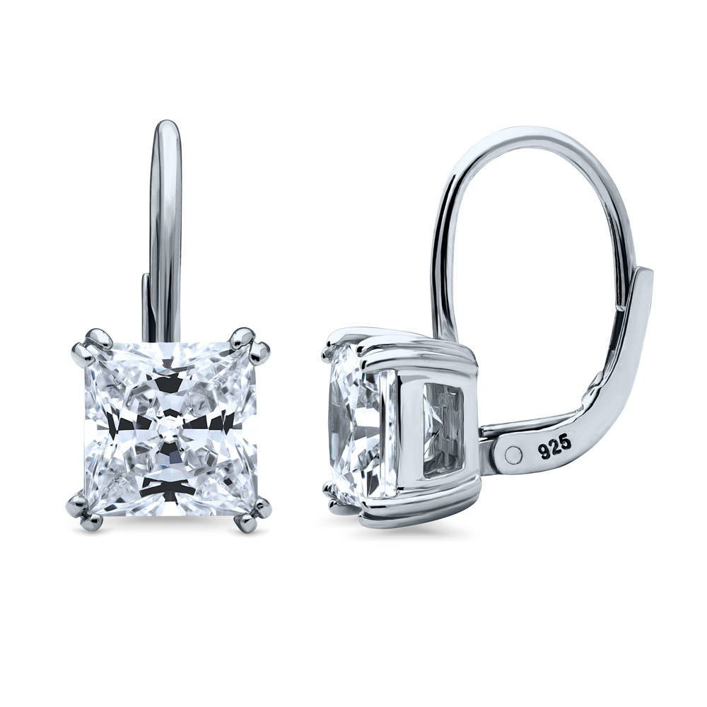Solitaire 4ct Princess CZ Leverback Dangle Earrings in Sterling Silver