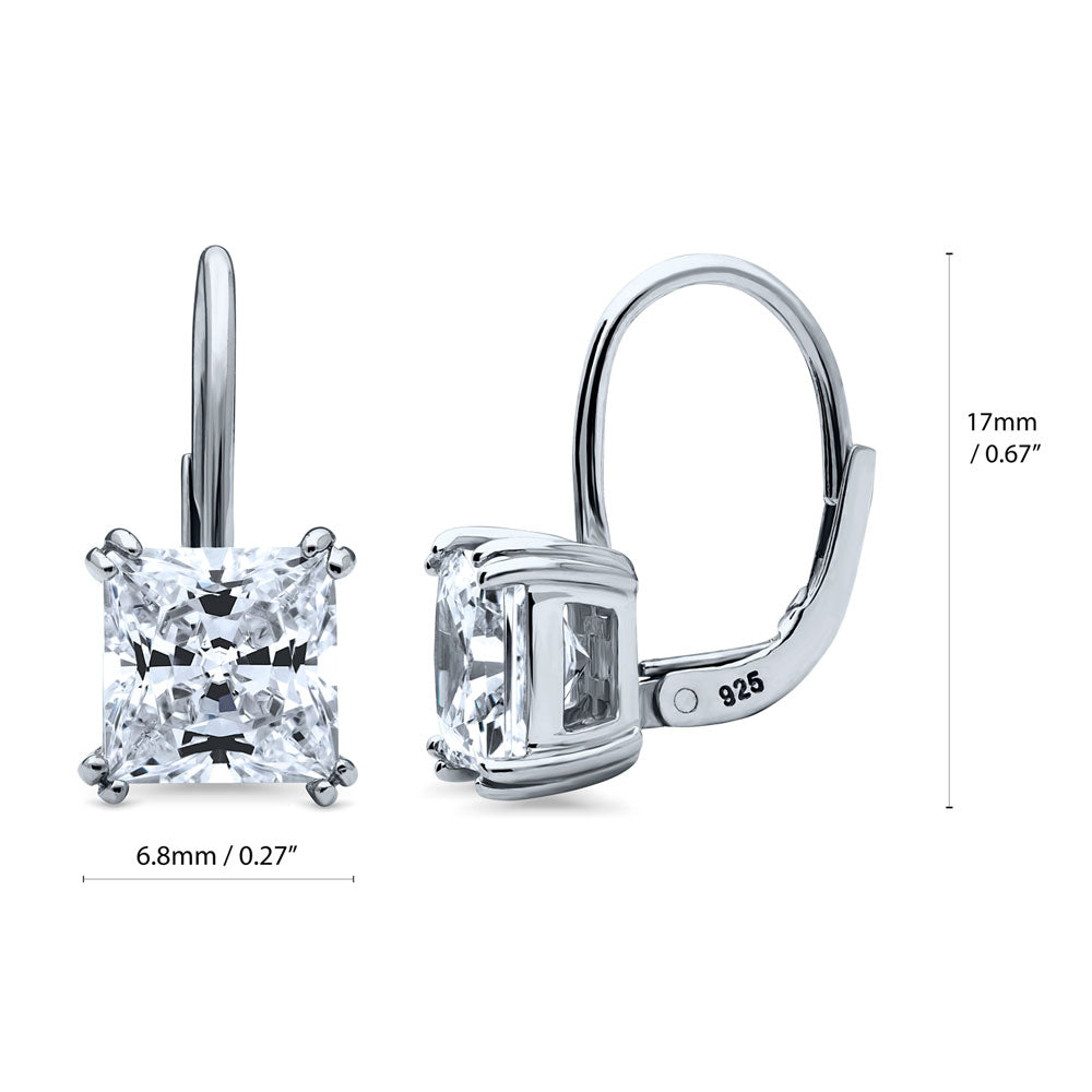 Front view of Solitaire 4ct Princess CZ Leverback Dangle Earrings in Sterling Silver, 4 of 9