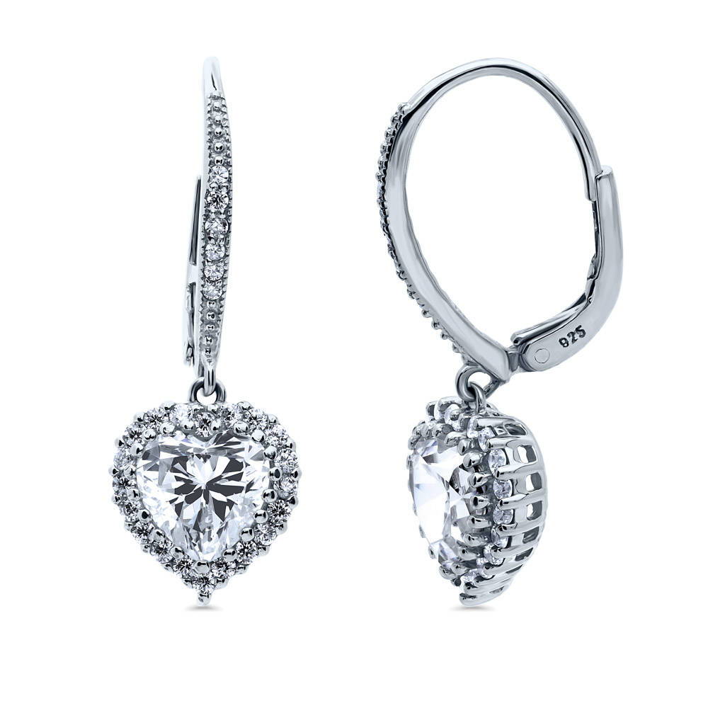 Halo Heart CZ Leverback Dangle Earrings in Sterling Silver