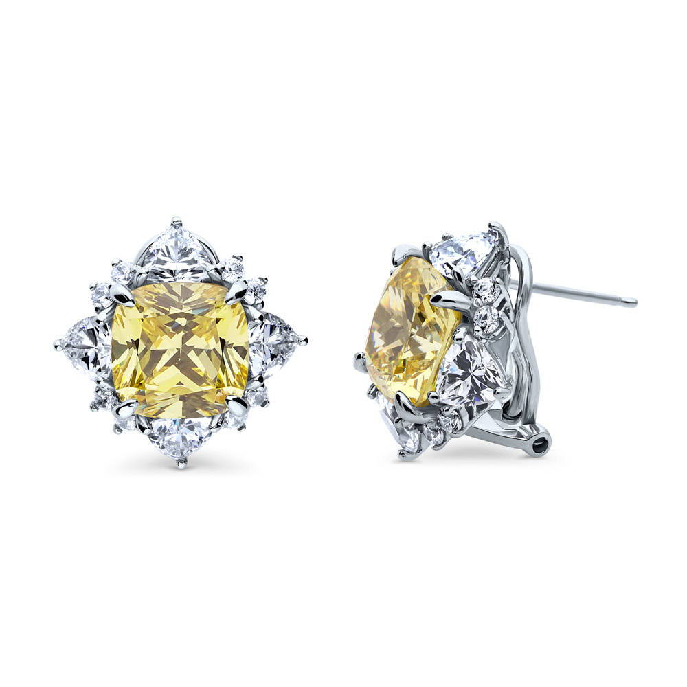 Halo Canary Cushion CZ Omega Back Stud Earrings in Sterling Silver, 1 of 7