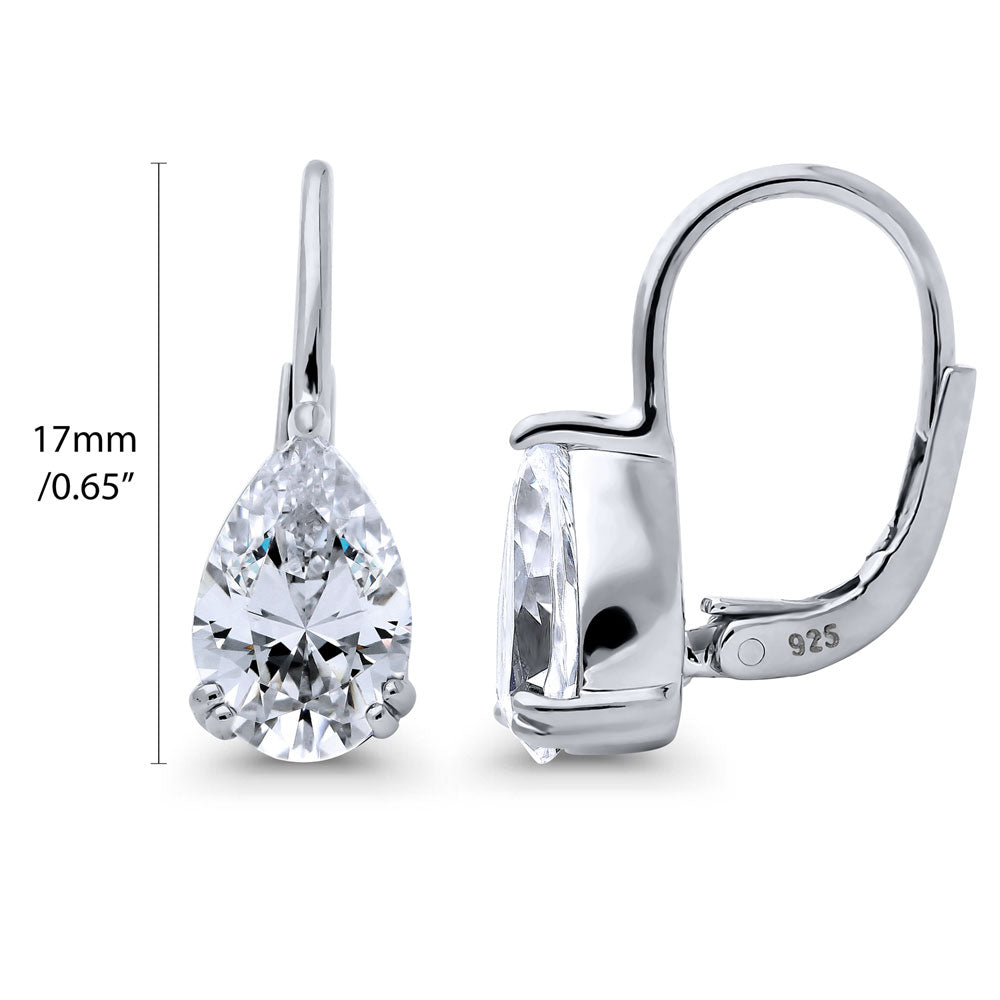 Front view of Solitaire 2.6ct Pear CZ Leverback Dangle Earrings in Sterling Silver, 4 of 7