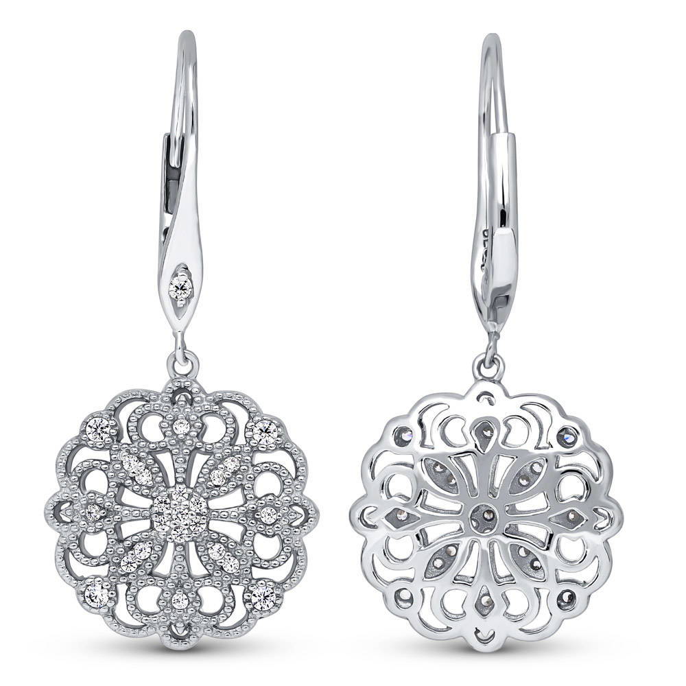 Front view of Flower Filigree CZ Leverback Dangle Earrings in Sterling Silver, 3 of 4
