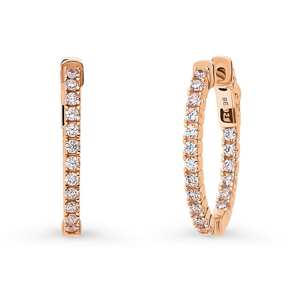 Oval CZ Medium Inside-Out Hoop Earrings in Sterling Silver 0.84 inch, Rose Gold Flashed