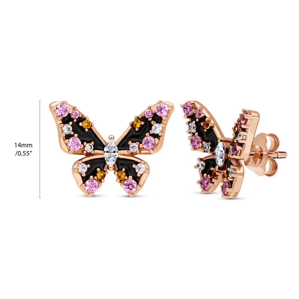 Front view of Butterfly Enamel CZ Stud Earrings in Rose Gold Flashed Sterling Silver, 4 of 5