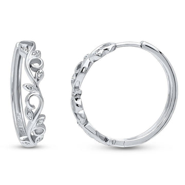 Leaf Filigree CZ Medium Hoop Earrings in Sterling Silver 0.98"