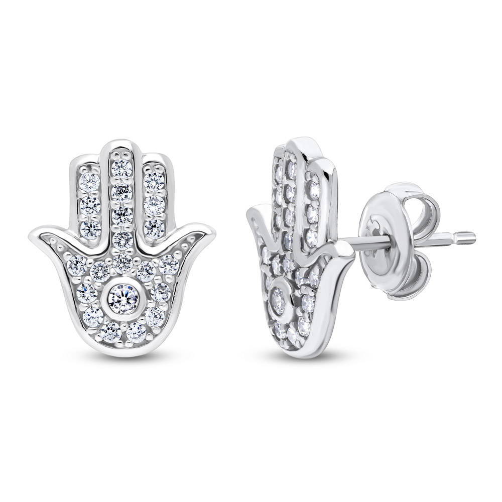 Hamsa Hand CZ Stud Earrings in Sterling Silver