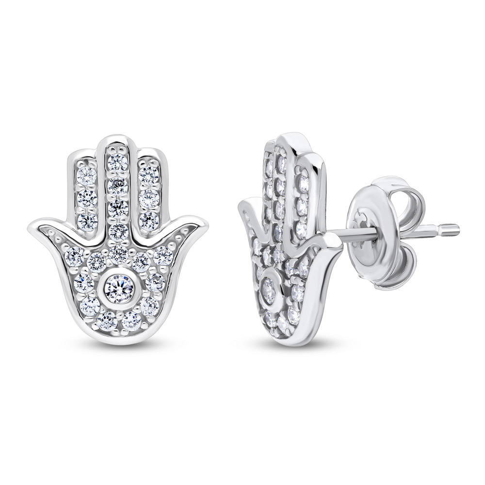 Hamsa Hand CZ Stud Earrings in Sterling Silver, 1 of 8
