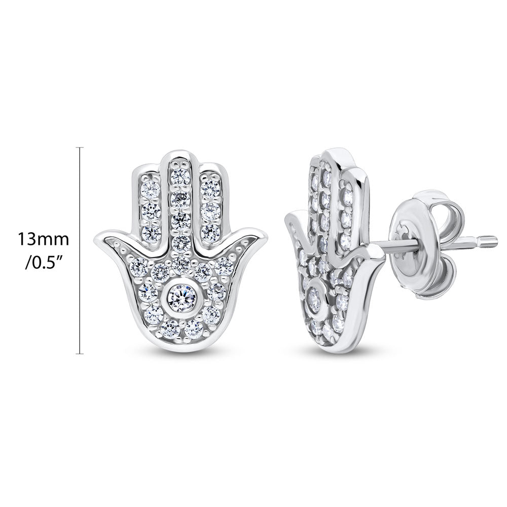 Front view of Hamsa Hand CZ Stud Earrings in Sterling Silver, 3 of 7