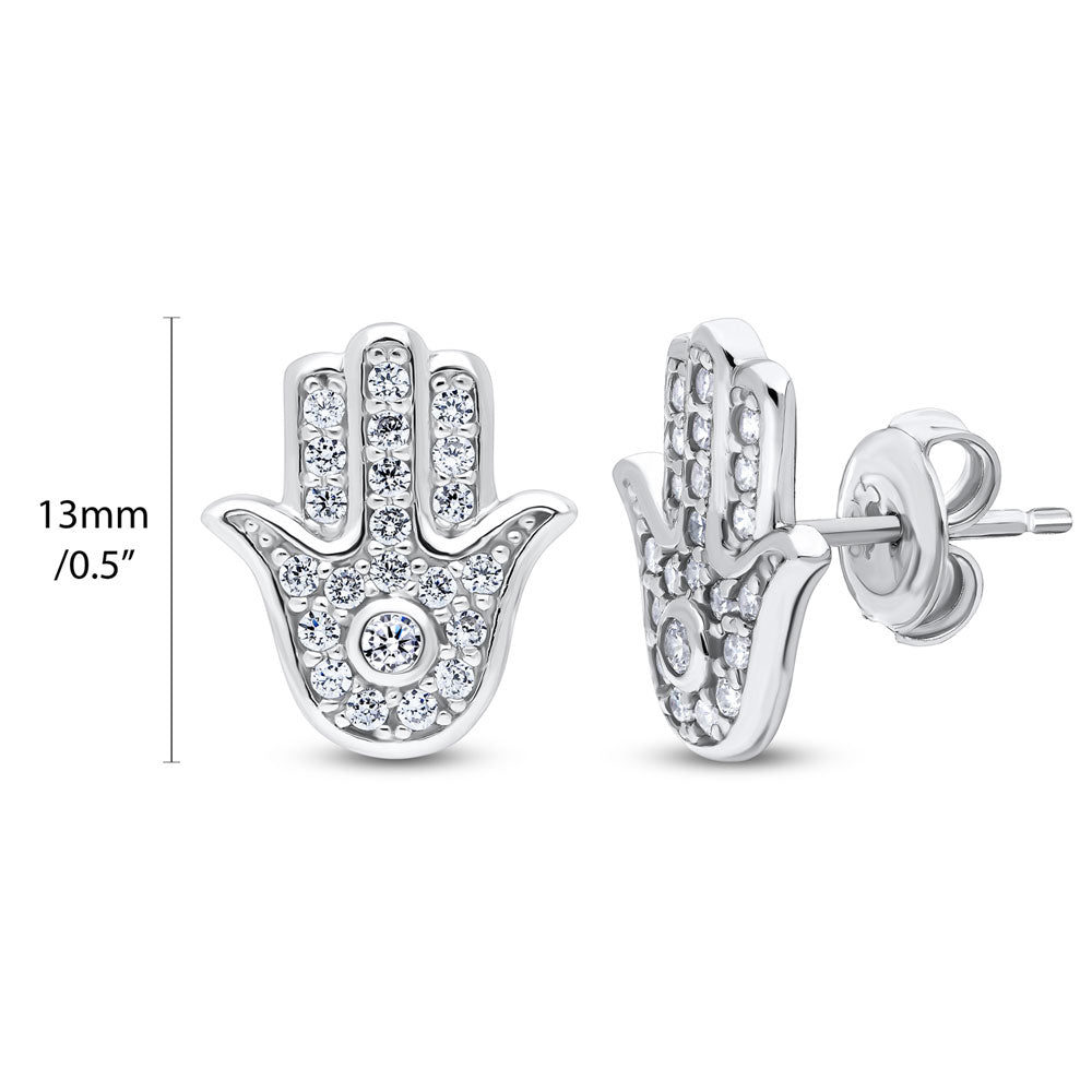 Front view of Hamsa Hand CZ Stud Earrings in Sterling Silver, 4 of 8