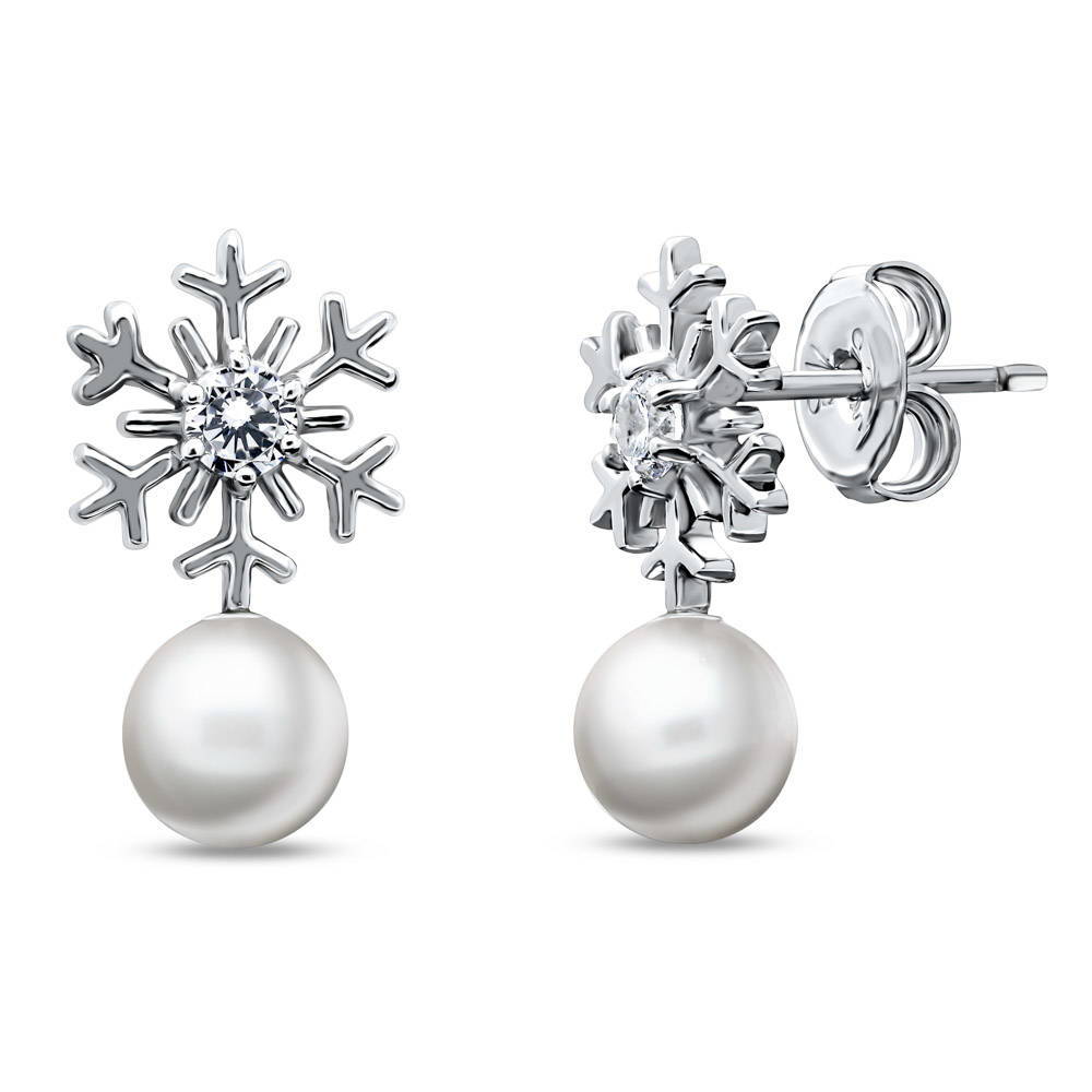 Snowflake Imitation Pearl Stud Earrings in Sterling Silver, 1 of 4