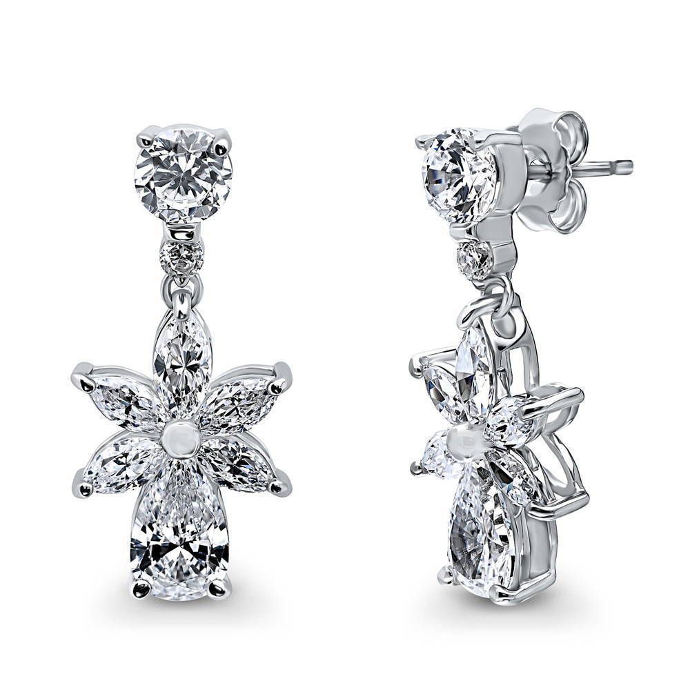 Flower CZ Dangle Earrings in Sterling Silver