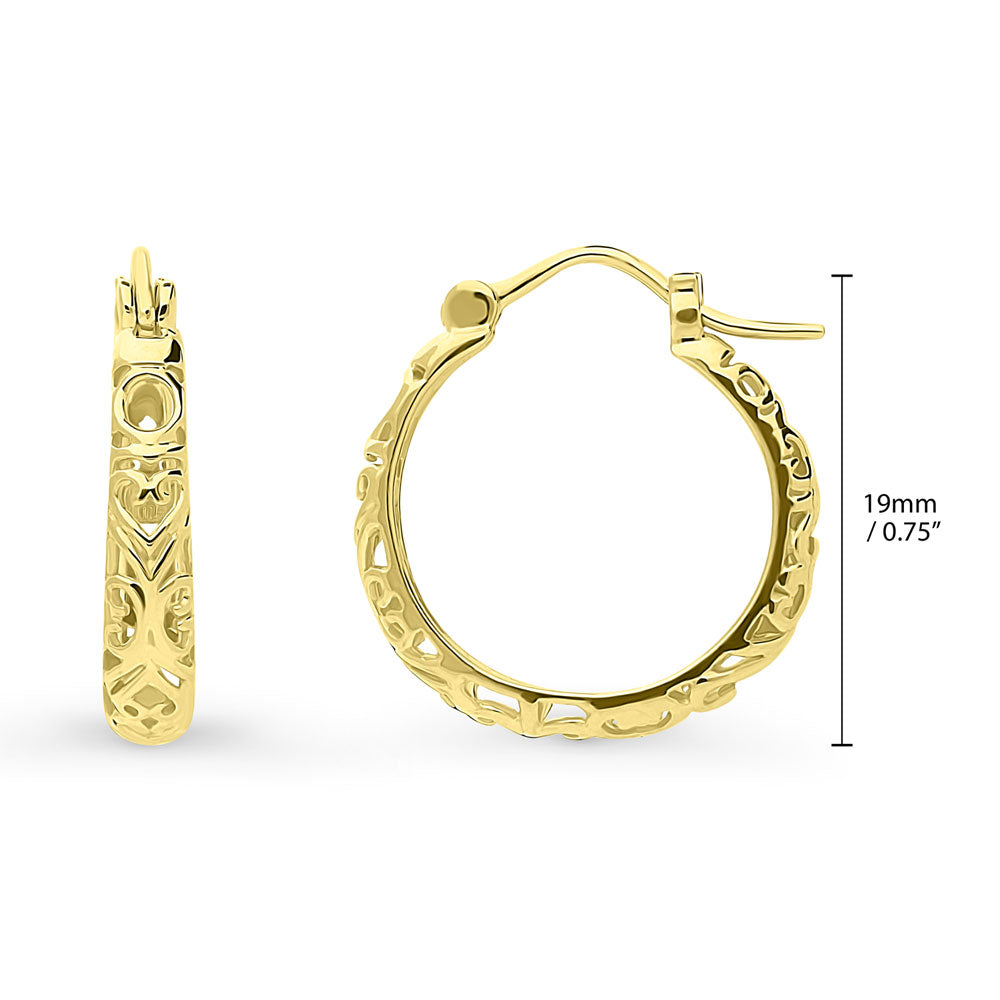 Angle view of Filigree Medium Hoop Earrings in Sterling Silver 0.75 inch, Yellow Gold Flashed