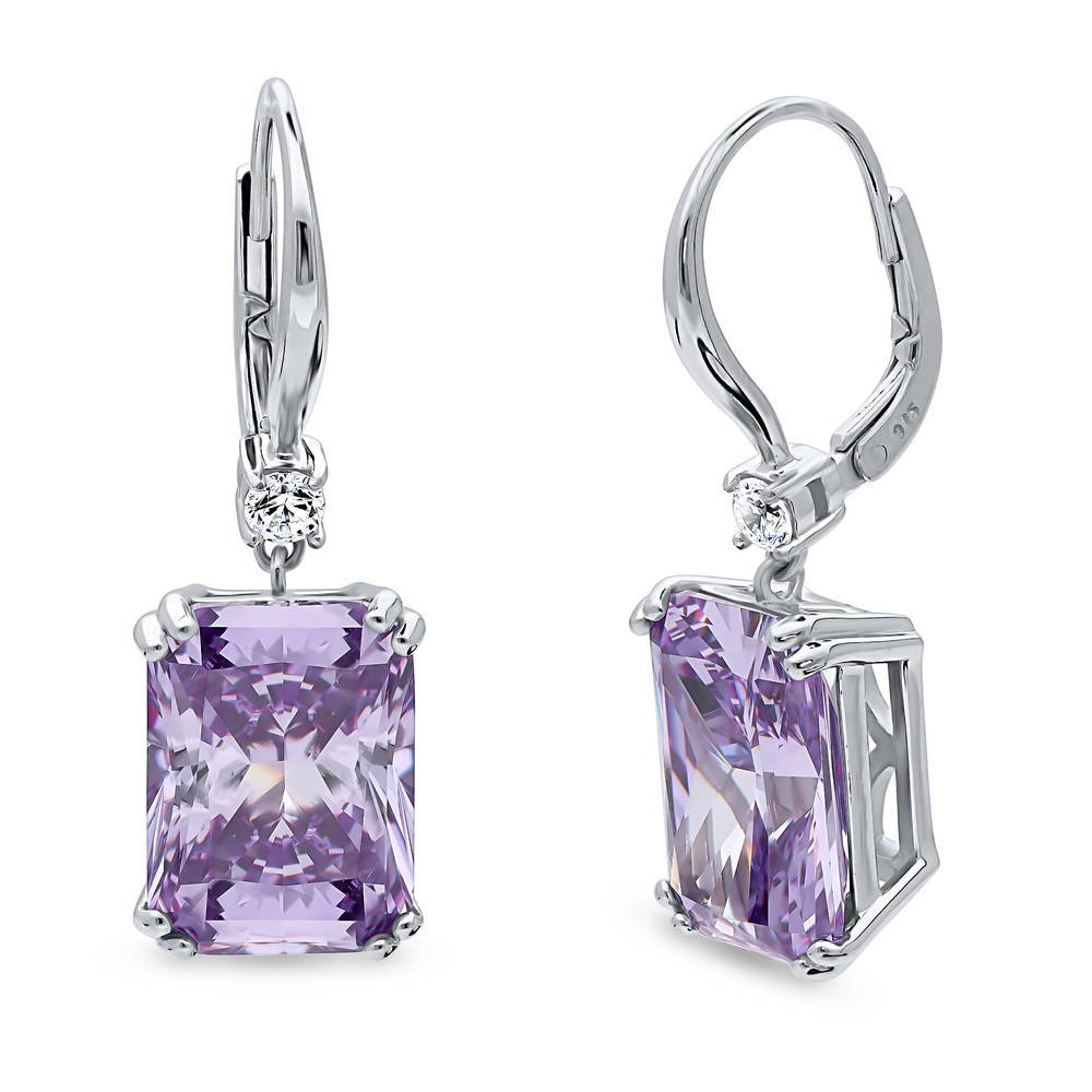 Solitaire Purple Radiant CZ Leverback Earrings in Sterling Silver 17ct, 1 of 6