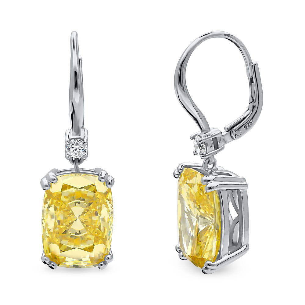 Solitaire Canary Cushion CZ Leverback Earrings in Sterling Silver 18ct, 1 of 6