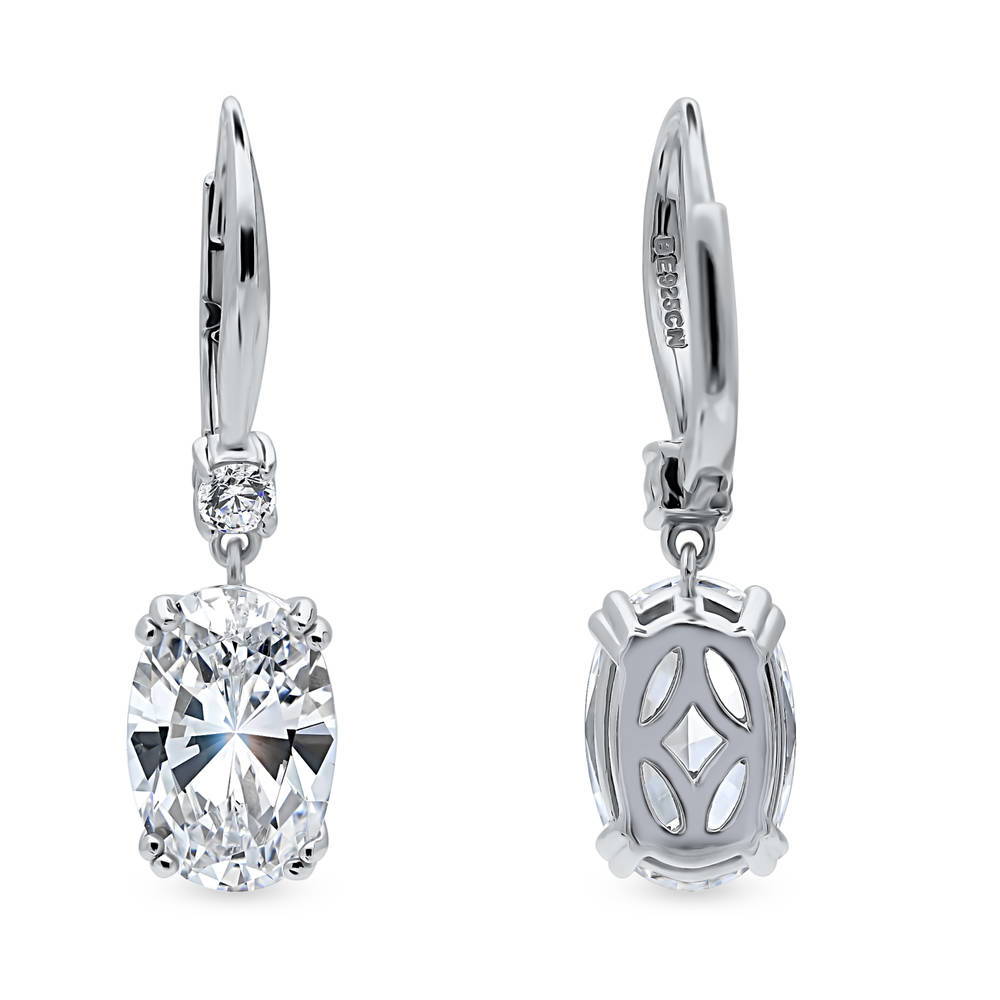 Solitaire 6ct Oval CZ Leverback Dangle Earrings in Sterling Silver