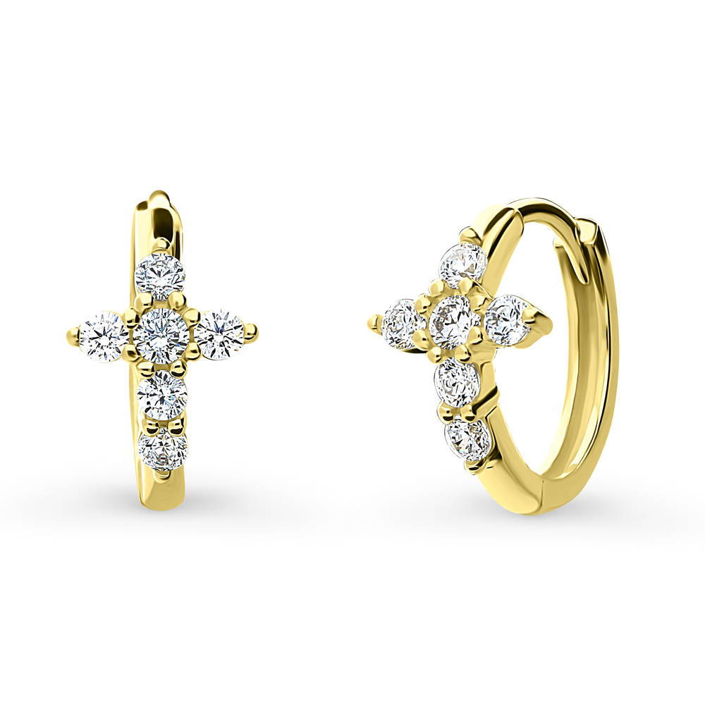 Cross CZ Small Huggie Earrings in Sterling Silver 0.5 inch, Yellow Gold Flashed