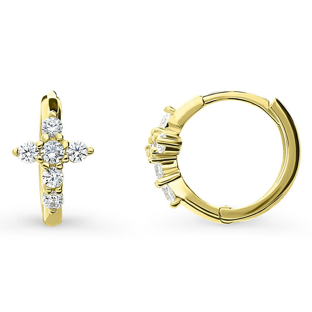 Front view of Cross CZ Small Huggie Earrings in Sterling Silver 0.5 inch, Yellow Gold Flashed