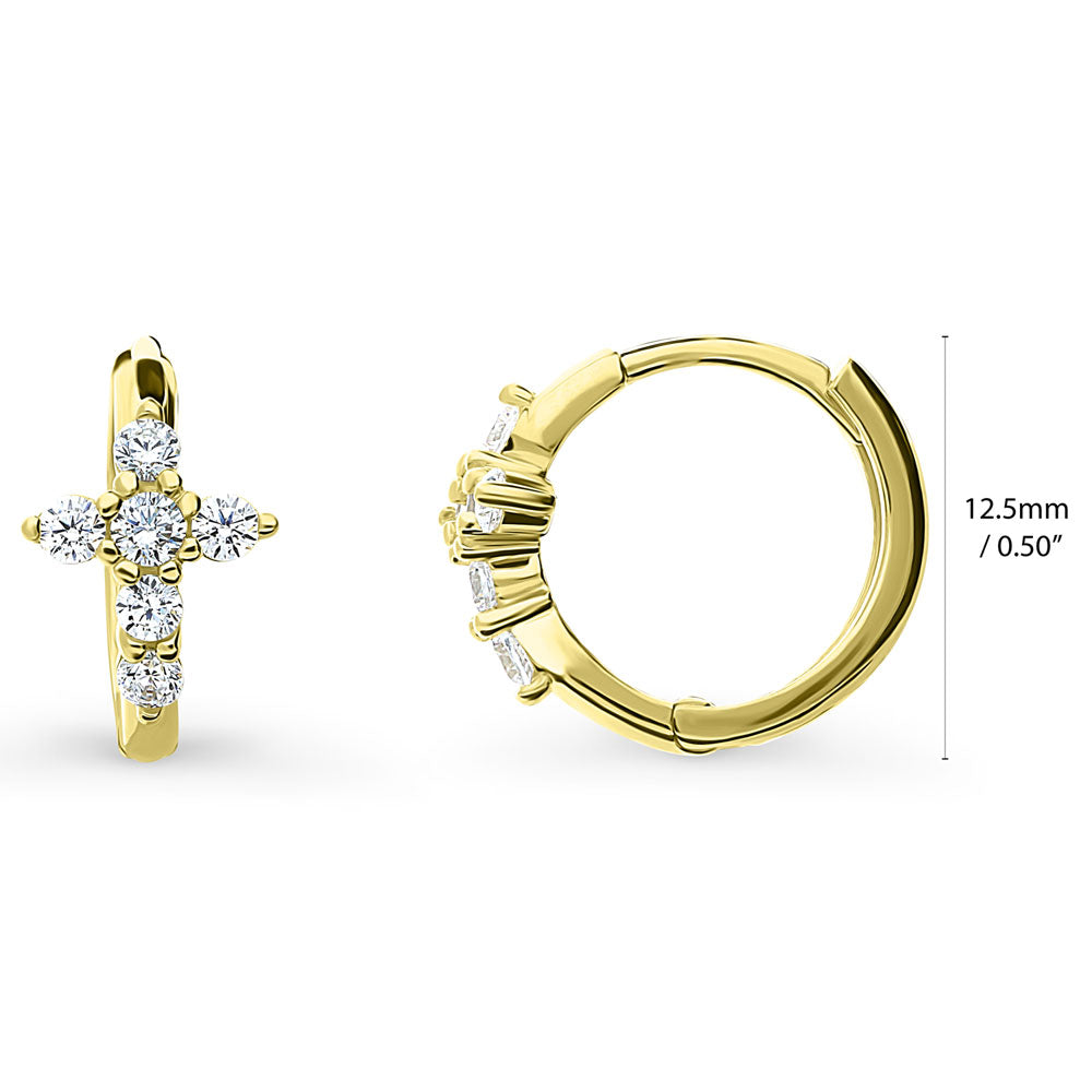 Angle view of Cross CZ Small Huggie Earrings in Sterling Silver 0.5 inch, Yellow Gold Flashed