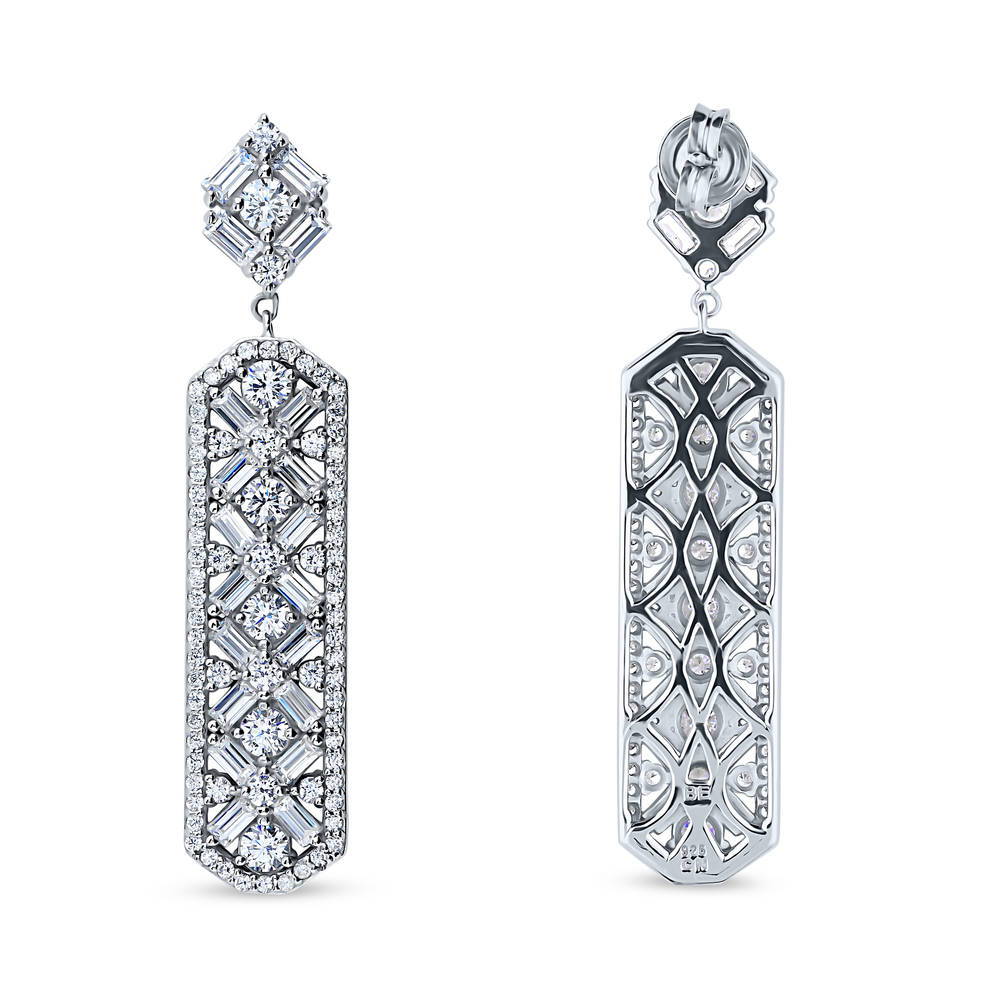 Front view of Bar Art Deco CZ Statement Dangle Earrings in Sterling Silver, 4 of 7