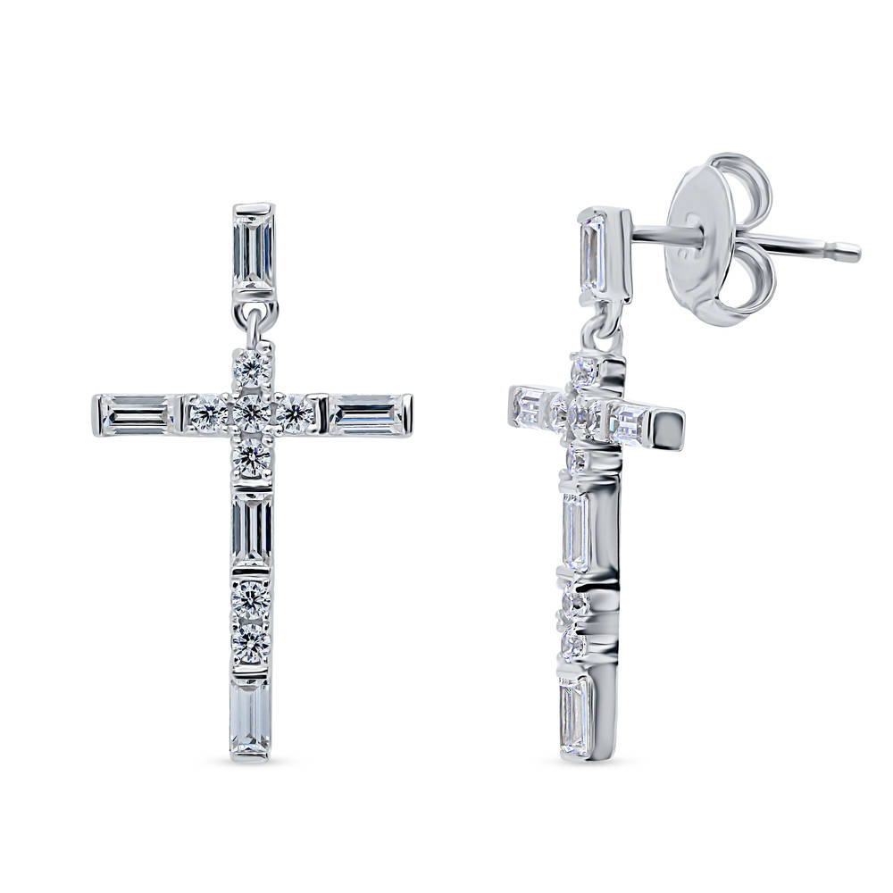 Cross CZ Dangle Earrings in Sterling Silver